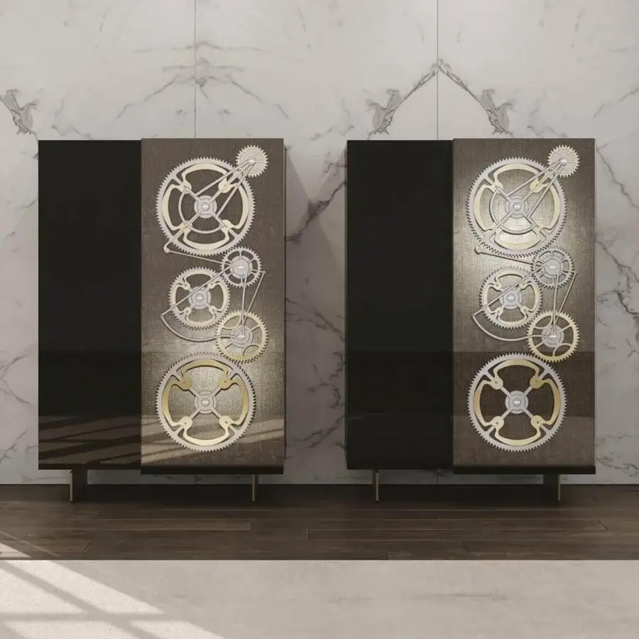 Refined Reflex Big Ben cupboard with lacquered glass, gold gears, polished chrome, and bronze finished metal legs