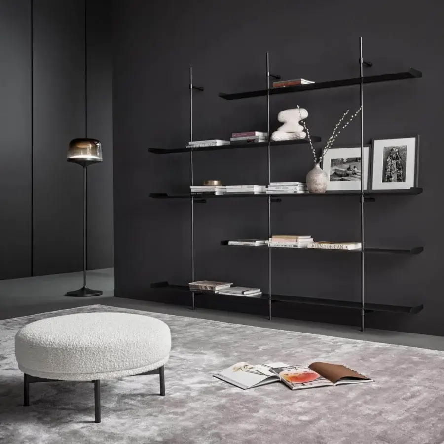Distinguished Bonaldo Neuilly ottoman with shaggy white fireproof textile and slender matte black tubular metal base