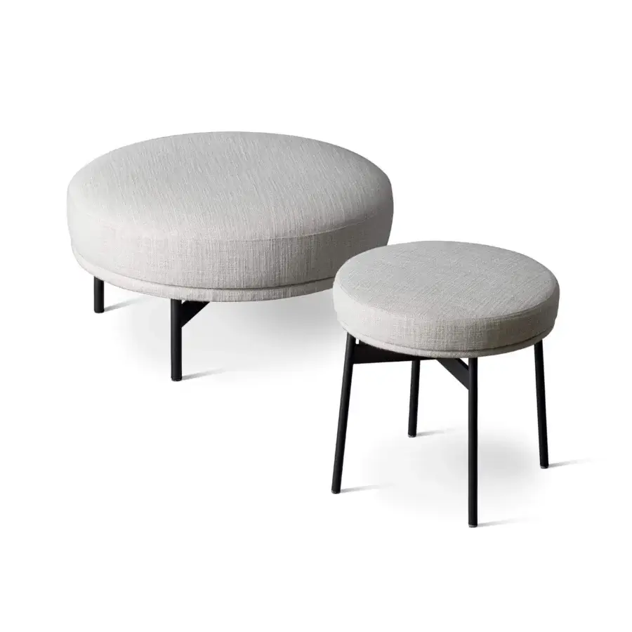 Elegant Bonaldo Neuilly ottoman with woven light gray fabric padding and slender black metal base