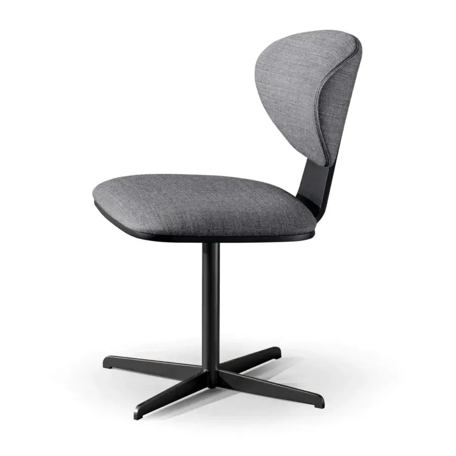 Superior Bonaldo Olos chair with textured gray fabric and a coal ash finished wooden lower backrest with dark metal swivel base