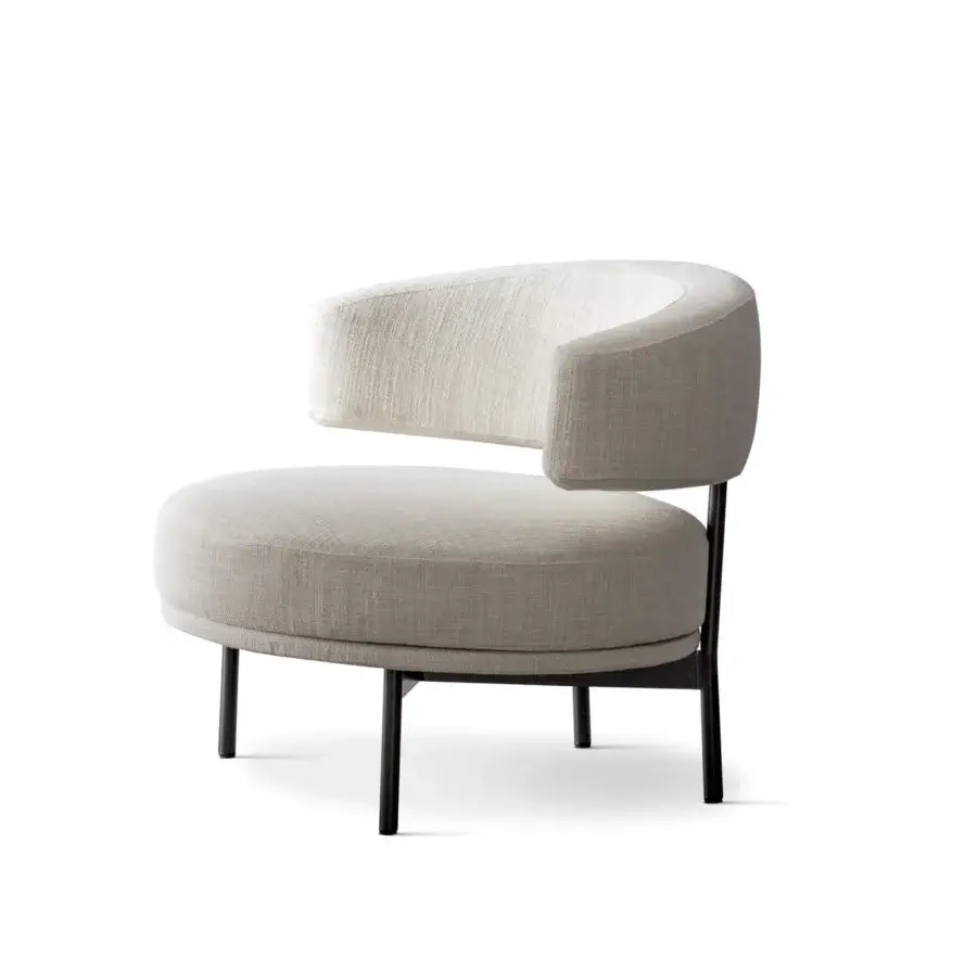 Distinguished Bonaldo Neuilly lounge chair with light textured fabric upholstery and sleek dark-toned metal frame