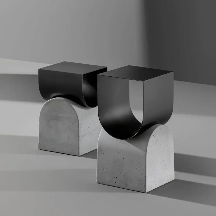 Elegant Bonaldo Vague coffee table with a gray concrete base and black metal U-shaped container built with a matte speckled finish