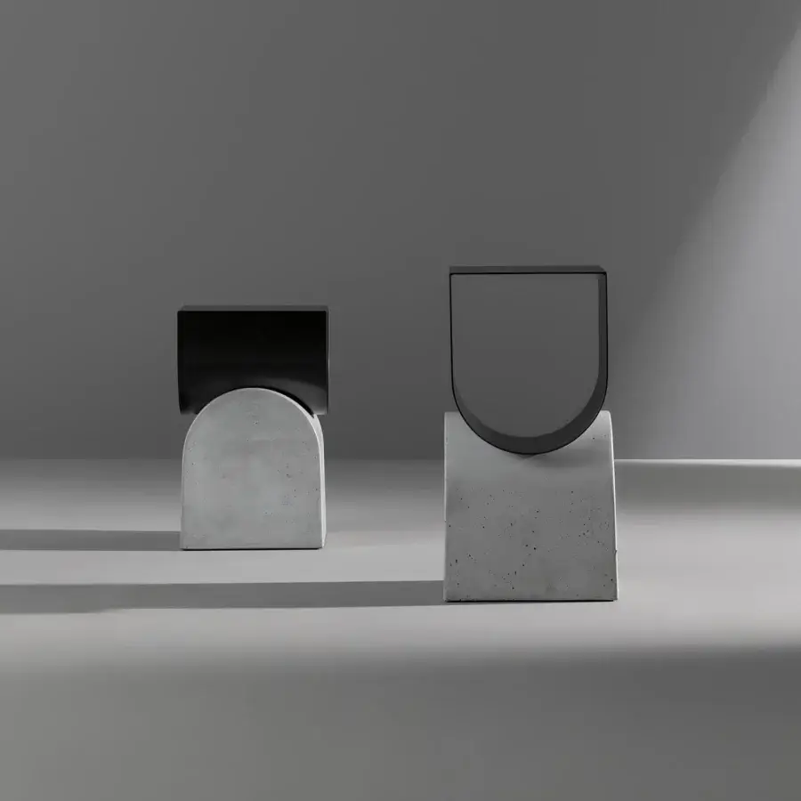 Distinguished Bonaldo Vague coffee table with a gray concrete-like base and black U-shaped metal container for storage