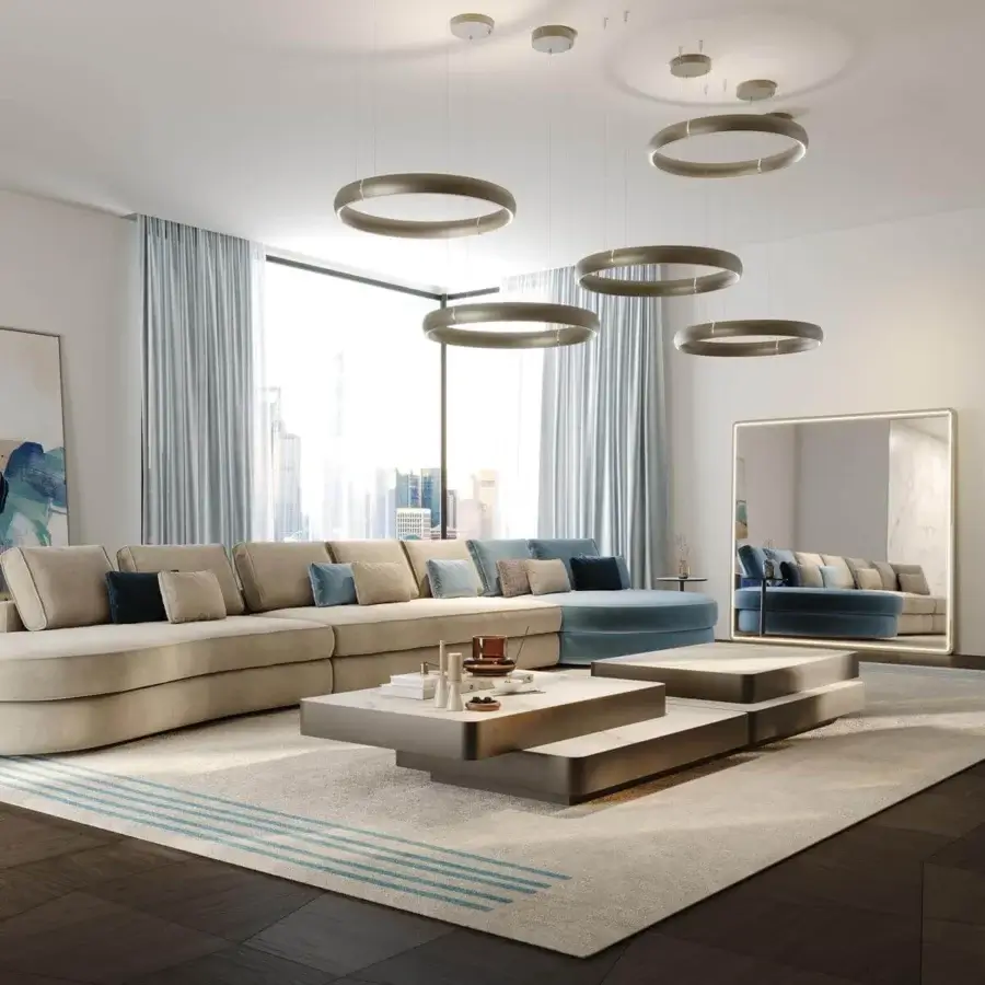 Distinguished Reflex Slide coffee table with sliding elements in light gray lacquer showcasing clean horizontal layers
