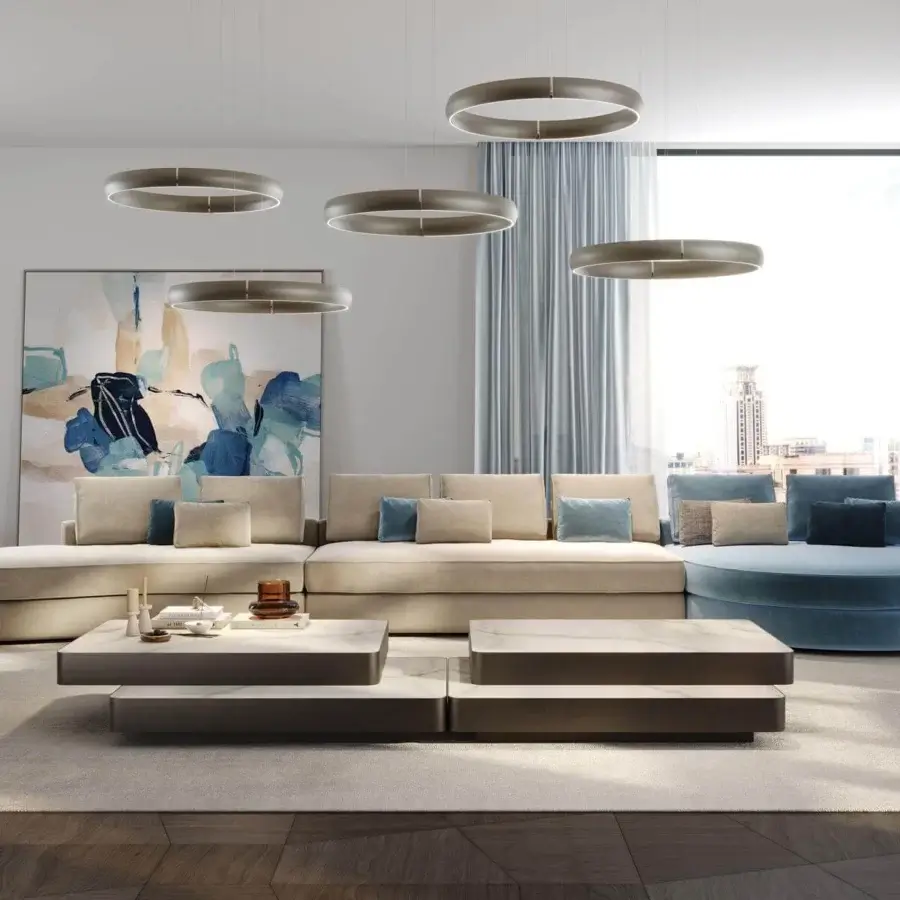 Exclusive Reflex Slide coffee table with a light Marble glass top and sleek dark lacquered metallic structure