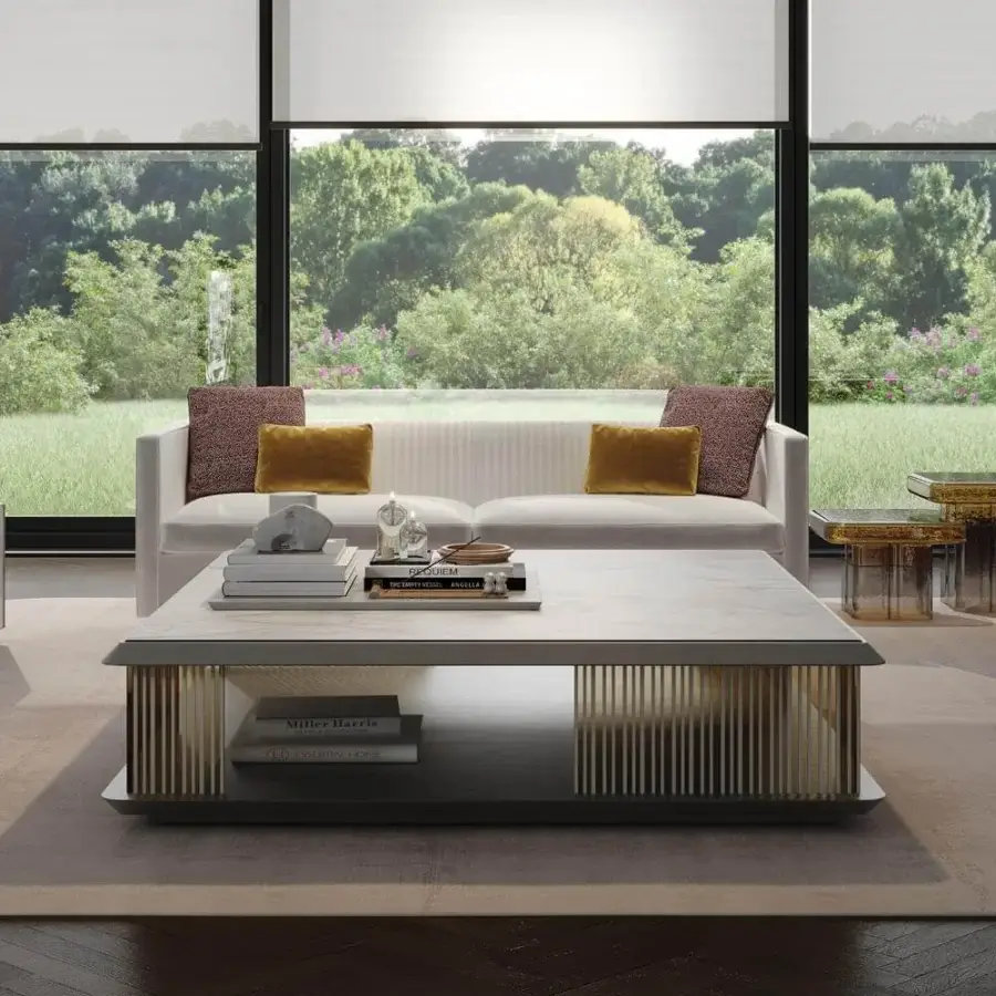 Distinguished Reflex Monolite coffee table with a beveled wooden top and marble glass insert, built with smoke-grey glass and golden supports