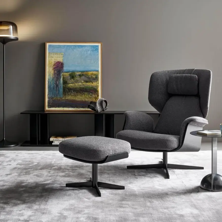 Exceptional Bonaldo Olos lounge chair with coal oak structure and textured gray textile upholstery in matt painted metal
