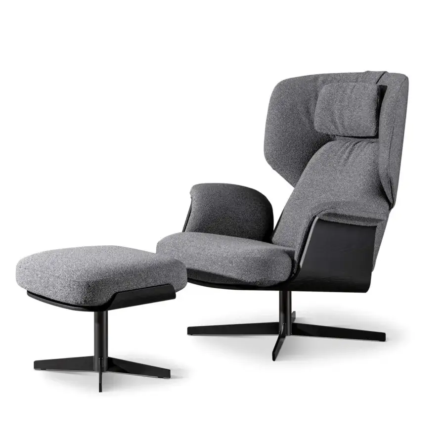 Exceptional Bonaldo Olos lounge chair in gray textured textile with a curved coal oak structure and matt painted metal swivel base