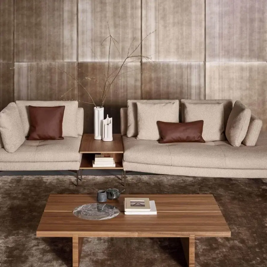 Superior Bonaldo Moon coffee table with a floating wooden top and circular ceramic insert in medium-brown tones