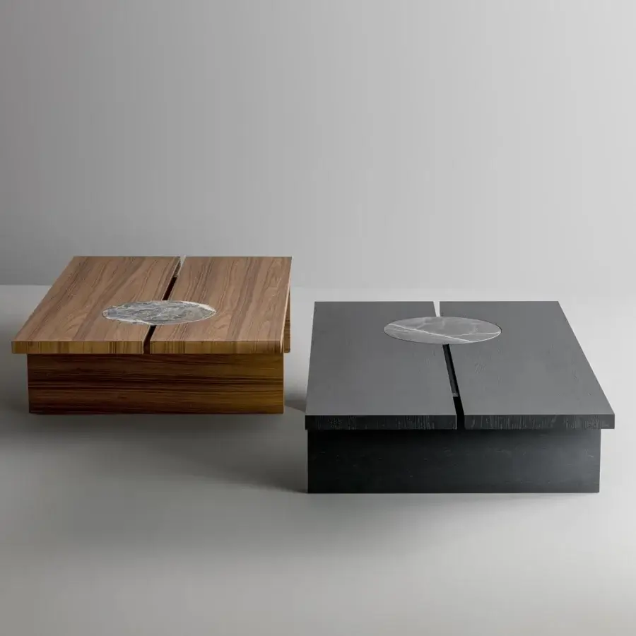 Elegant Bonaldo Moon coffee table with a refined wooden top and ceramic insert in dark gray or black matte finish