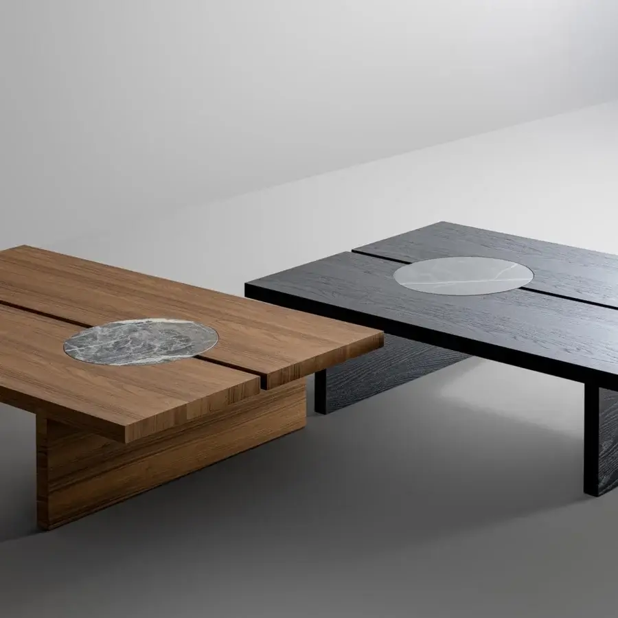 Distinguished Bonaldo Moon coffee table with a light brown planked wooden top and marble-like ceramic insert built upon a solid wood base