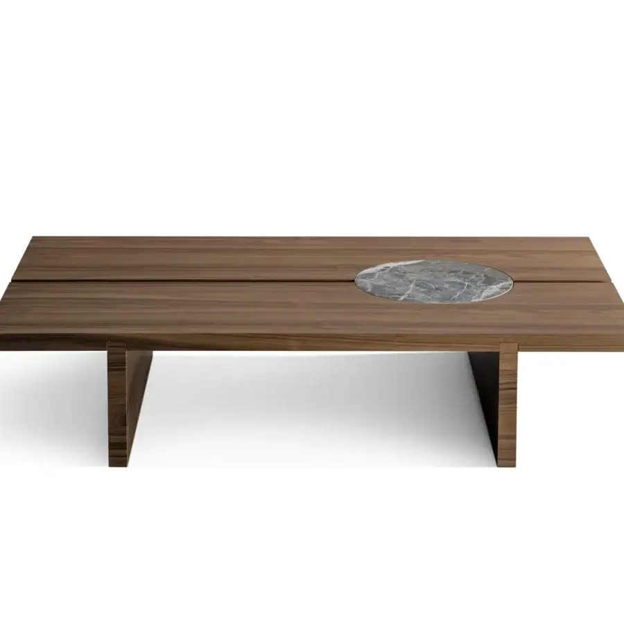 Exceptional Bonaldo Moon coffee table with a smooth matte brown wooden top and circular grey and white ceramic insert