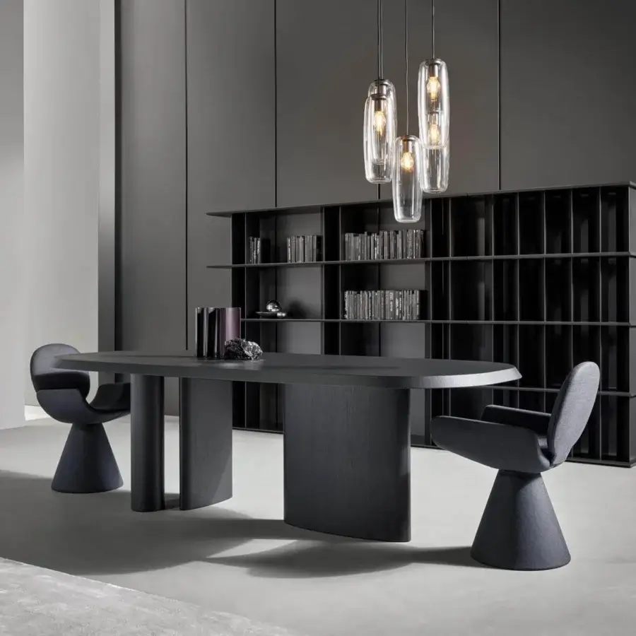 Exclusive Bonaldo Padiglioni table with oval tabletop and dynamic asymmetrical metal base in dark gray matte finish