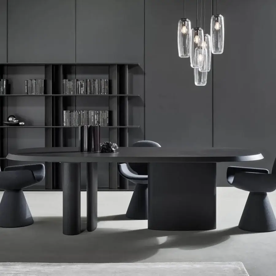 Distinguished Bonaldo Padiglioni table with veneered wood top and base in matte dark gray finish and asymmetrical elements
