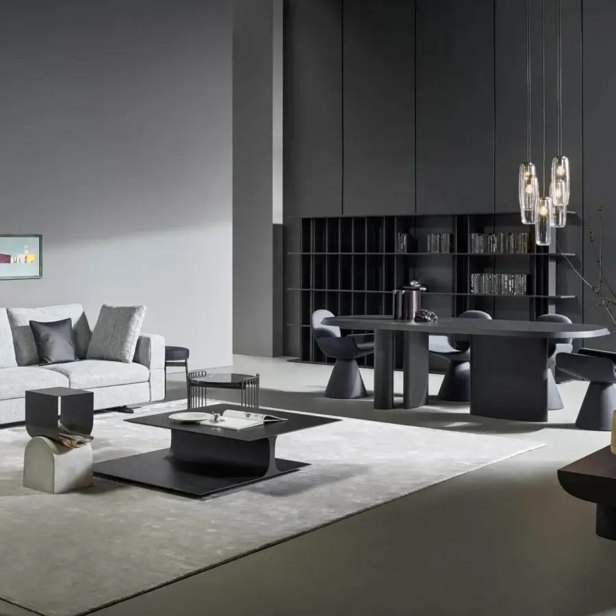 Elegant Bonaldo Padiglioni table with asymmetrical veneered wood base and dark gray matte finish