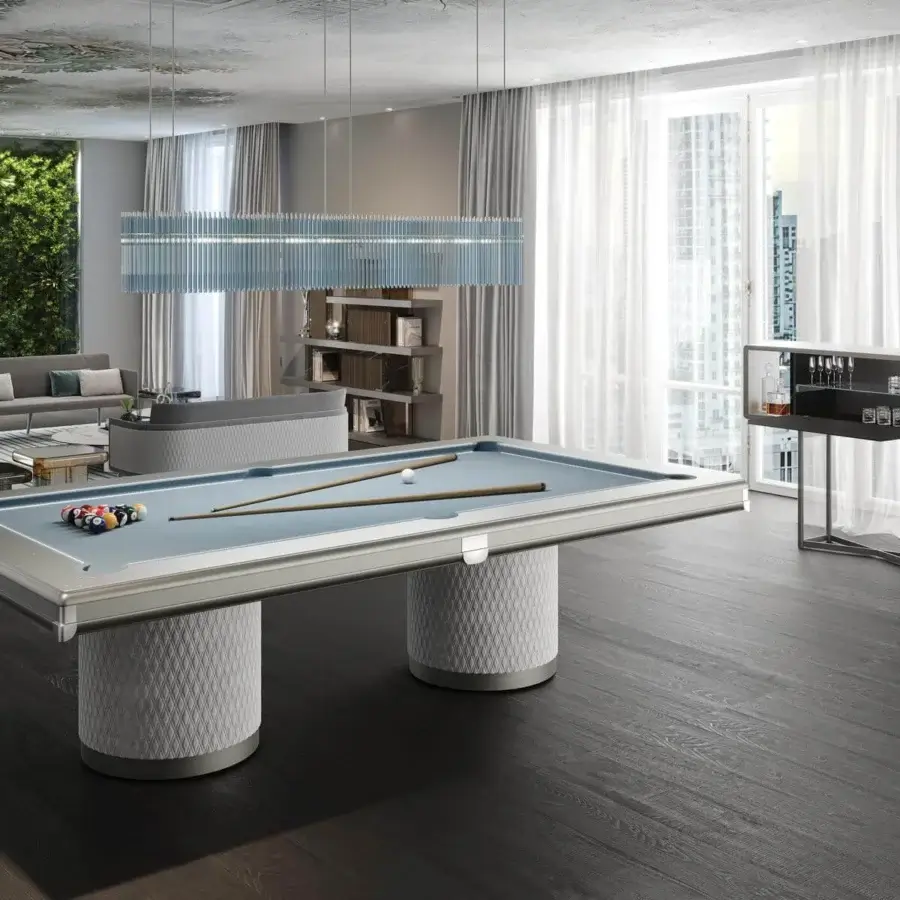 Distinguished Reflex Tau pool table with light blue felt surface and lacquered wooden structure, built with light gray quilted leather bases and glossy finish