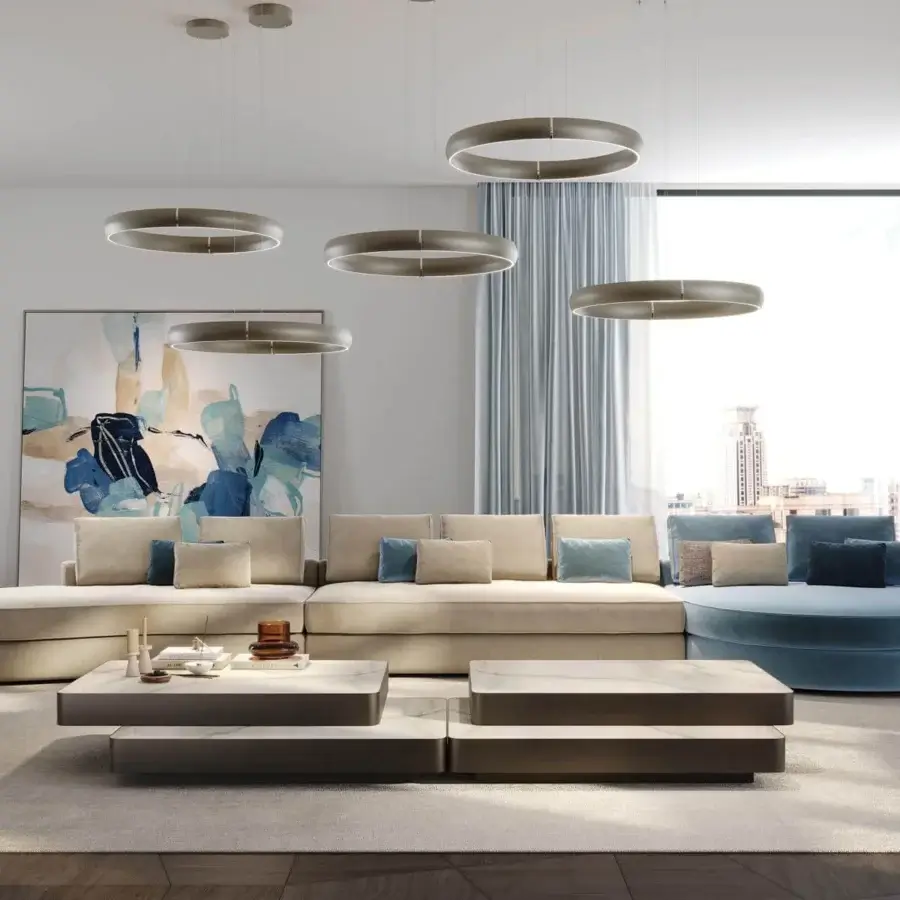 Superior Reflex Cerchio suspension lamp with a ring-shaped wooden shade in muted gray or bronze metallic finish