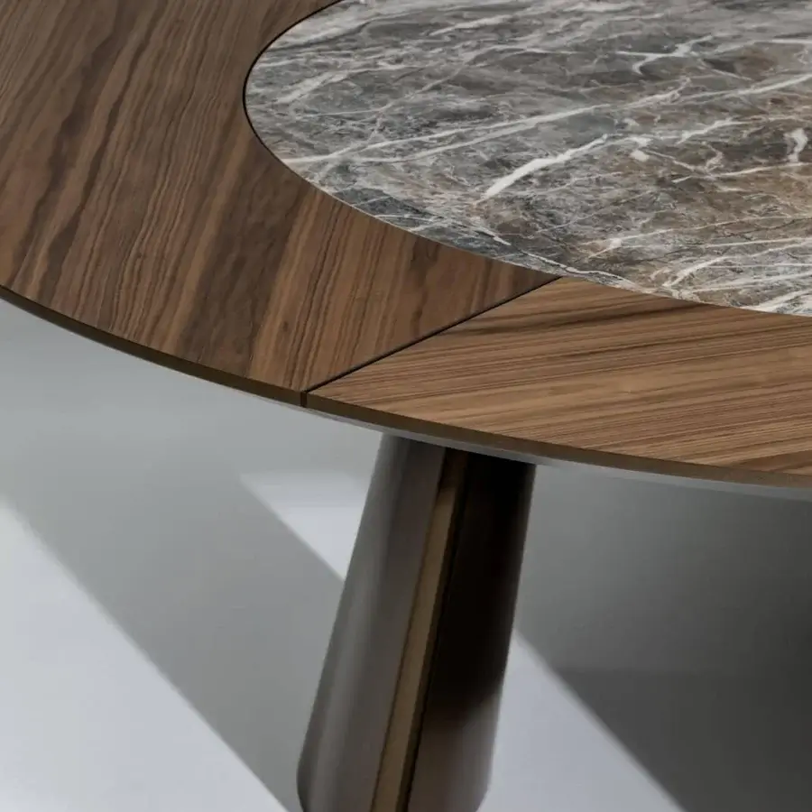 Elegant Bonaldo Torii St table with Canaletto Walnut veneer and built-in swivel ceramic center in a Bronze plus metal base