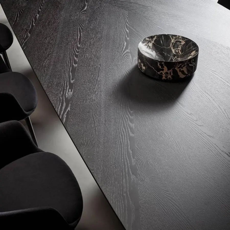Distinguished Bonaldo Mellow 400 table with brushed Coal Oak veneered wood and sculptural central base