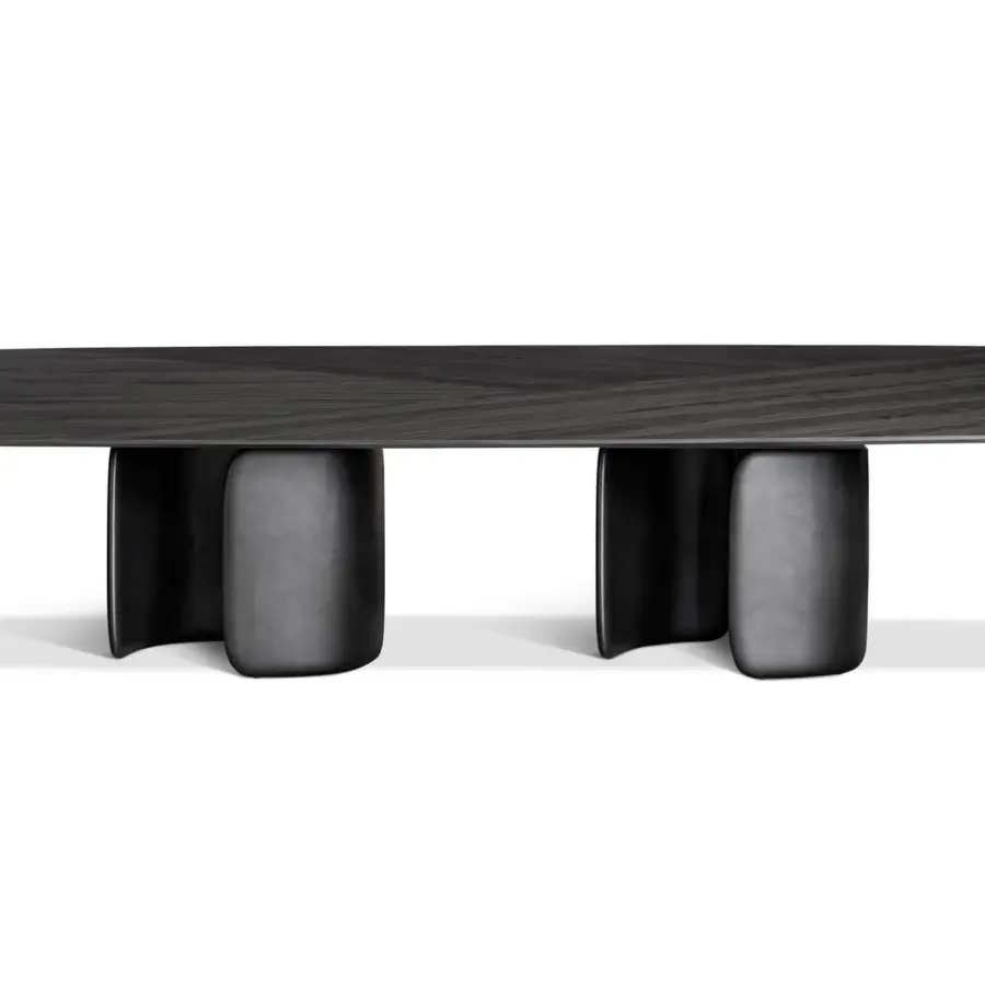 Distinguished Bonaldo Mellow 400 table with veneered wood top and sculptural dark gray high-density polyurethane base in a stained finish