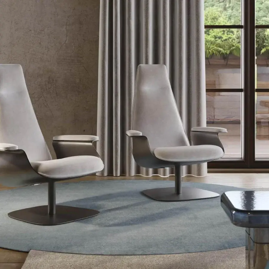 Distinguished Reflex Minerva lounge chair with light gray textile upholstery and dark-finished metal base offering a matte finish