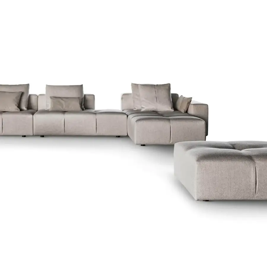 Elegant Bonaldo Bonamour sectional with rectilinear forms, light gray textile upholstery and black matt varnished metal feet