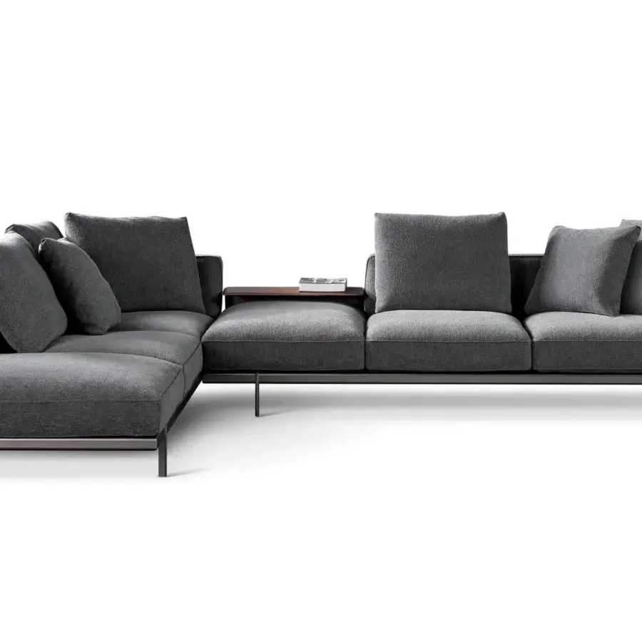Superior Bonaldo Phil sectional in cool gray textile with a matt varnished metal base and connecting wooden surface