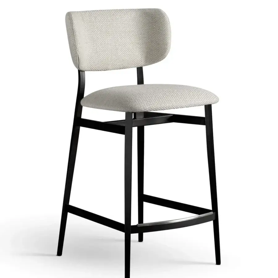 Elegant Bonaldo Noor stool with light neutral fabric upholstery and refined dark matte steel legs