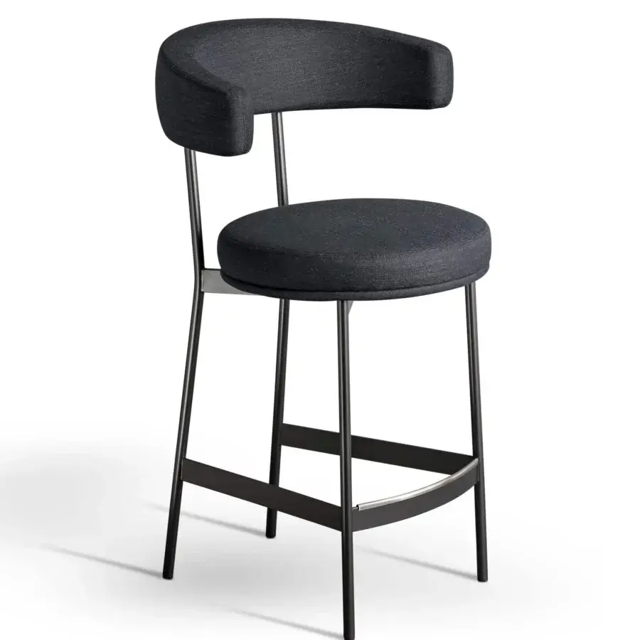 Superior Bonaldo Neuilly stool with dark gray fabric, curved backrest and linear metal frame built with a stainless steel footrest