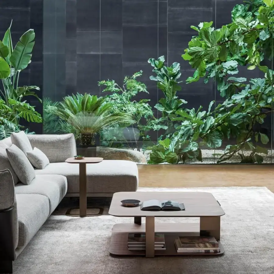 Exceptional Bonaldo Paddle coffee table crafted with Canaletto walnut veneered wood and bronze plus metal support structure in a light neutral brown finish