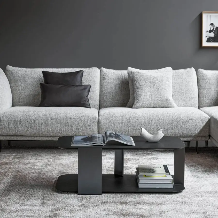 Elegant Bonaldo Paddle coffee table with coal oak veneered wood and lead plus metal structure