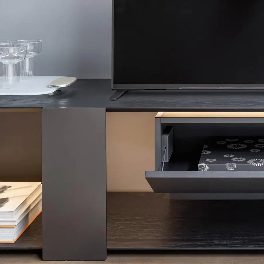 Captivating Bonaldo Paddle TV stand with Canaletto walnut veneered wood tops and bronze matt lacquered drawer built in bronze plus metal