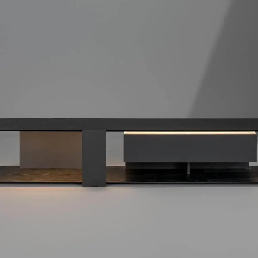 Exclusive Bonaldo Paddle TV stand with Canaletto walnut veneered wood tops and bronze matt lacquered wood drawer