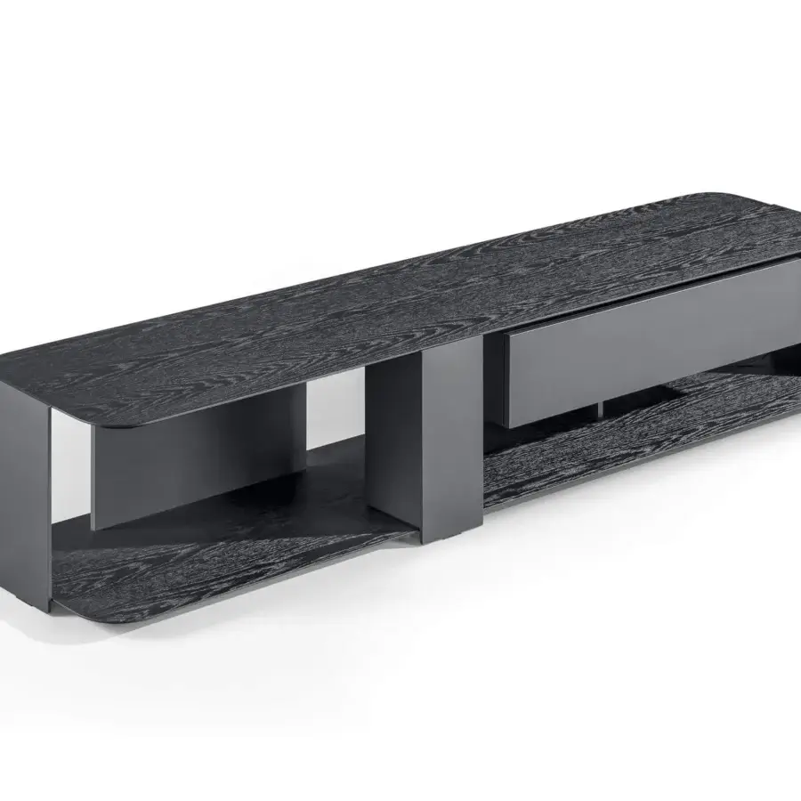 Distinguished Bonaldo Paddle TV stand with coal oak veneered wood tops and lead matt lacquered drawer built with a lead plus metal structure