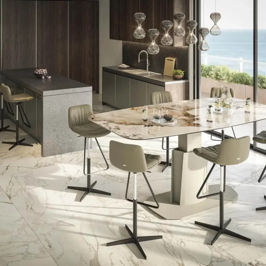Elegant Cattelan Italia Aviator Keramik lift table with glossy cream and brown Keramik top and matte cream steel base