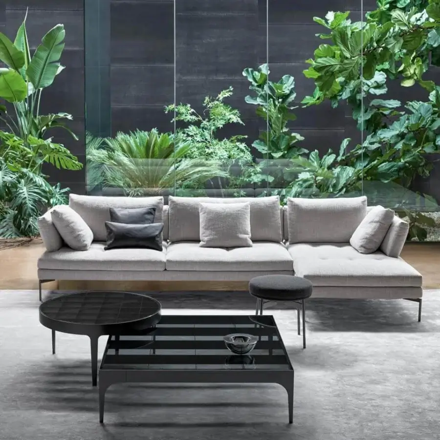 Distinguished Bonaldo Passy coffee table with a smoked glass top and distinctive metal chessboard base in lead plus metal finish