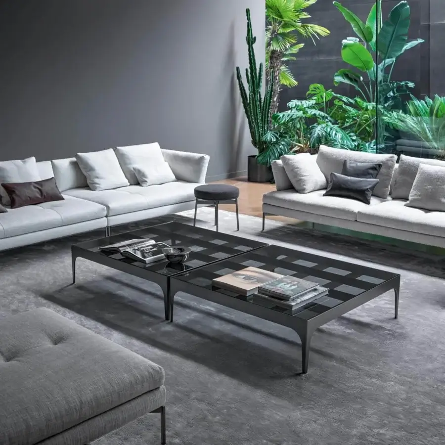 Captivating Bonaldo Passy coffee table with a smoked glass top and geometric dark gray metal base crafted in Italy