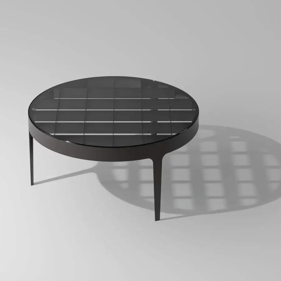 Distinguished Bonaldo Passy coffee table with a smoked glass top and distinctive metal chessboard base in lead plus metal finish