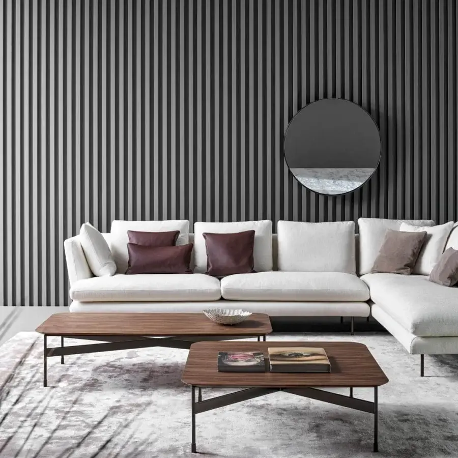 Superior Bonaldo Peak coffee table with veneered wood and dark metal legs in a medium-toned brown matte finish