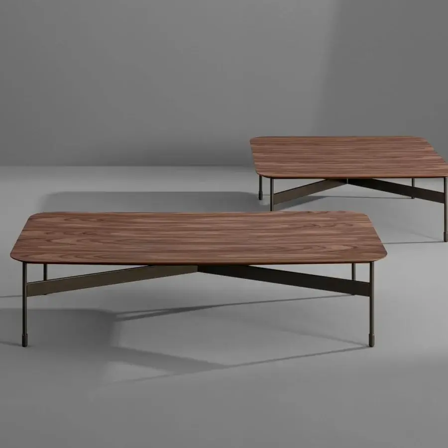 Elegant Bonaldo Peak coffee table with a veneered wood top and intersecting dark metal legs