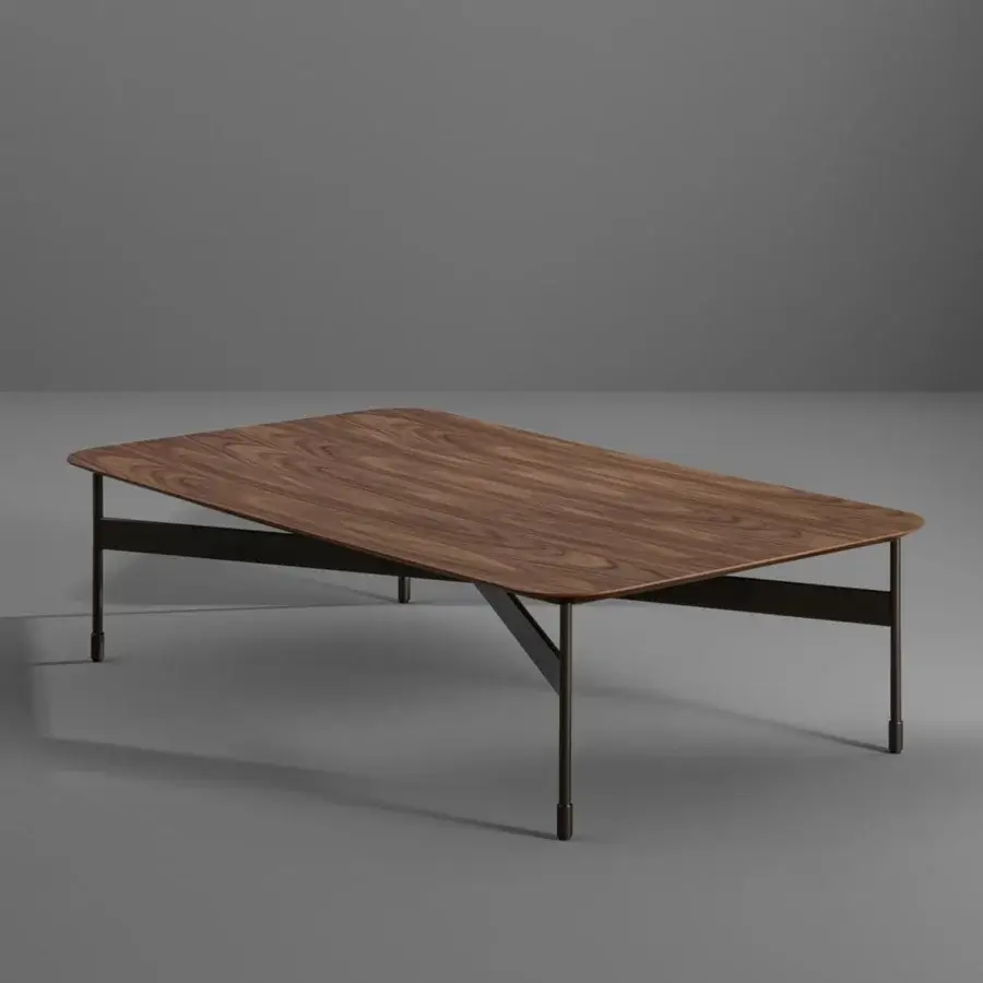 Exceptional Bonaldo Peak coffee table with a veneered wood top and sleek dark-toned metal base in a smooth brown finish
