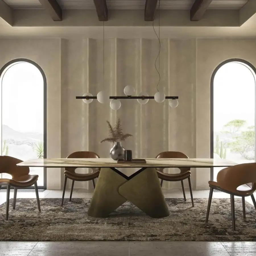 Distinguished Cattelan Italia Scott table with a rectangular marble-effect ceramic top and sculptural Oxybrass oxidized brass metal base