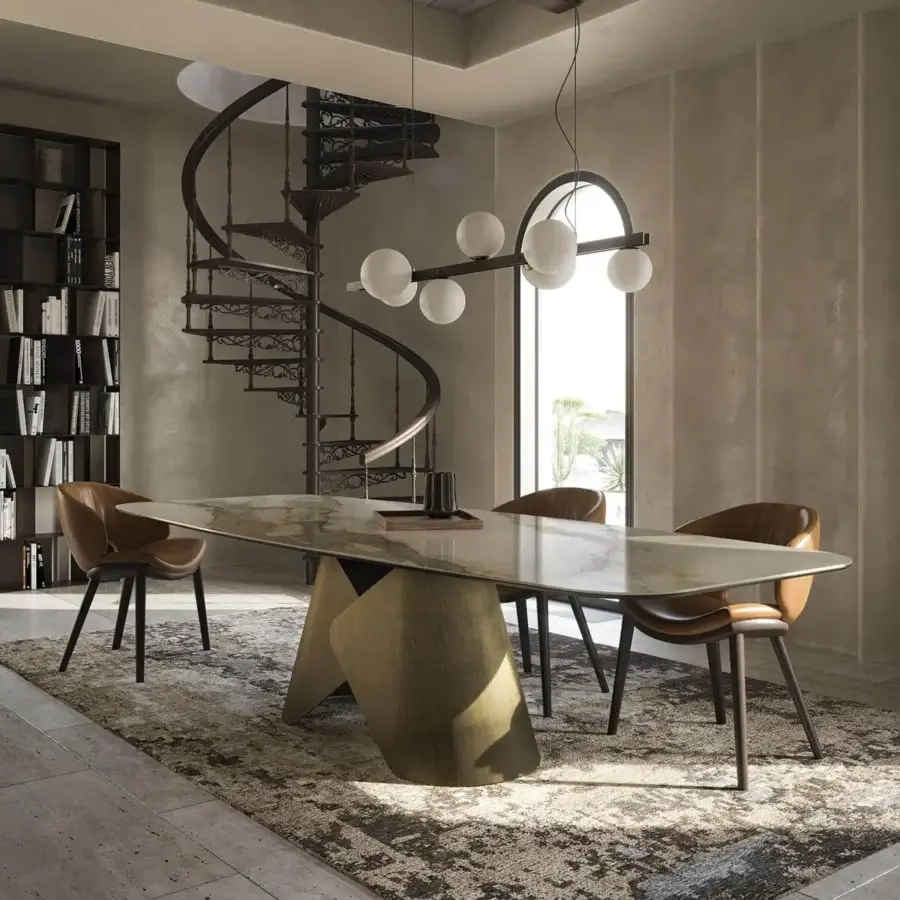Elegant Cattelan Italia Scott table with a ceramic top displaying beige, gray and brown veining and an Oxybrass oxidized brass base