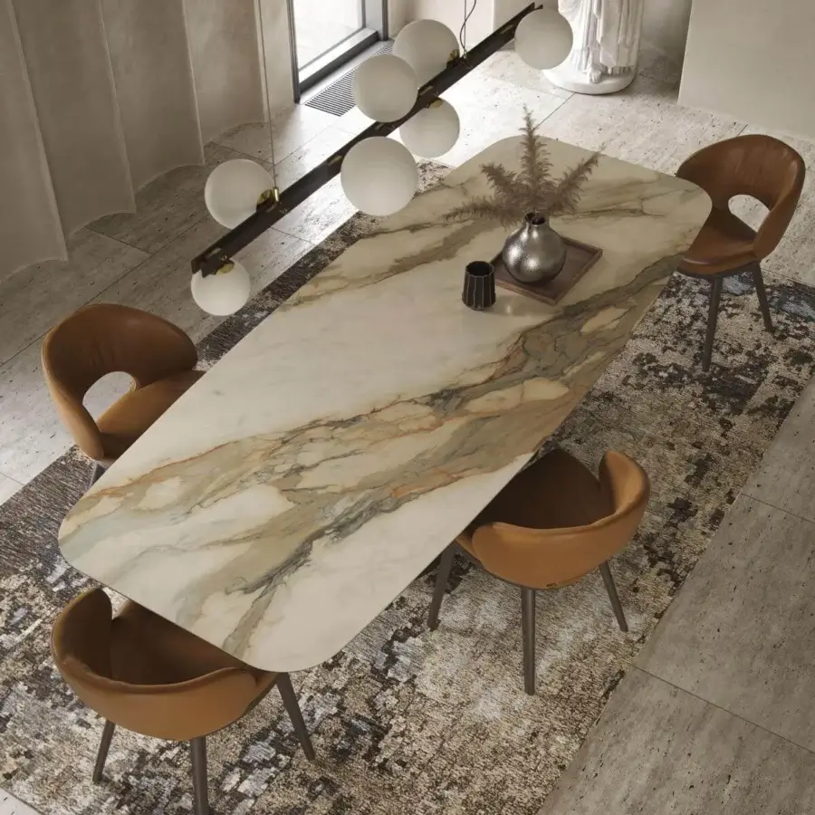 Exceptional Cattelan Italia Scott table with swirling white, beige, grey, and brown ceramic and oxidized brass curved metal plates