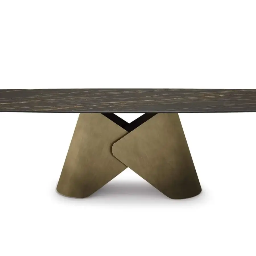 Superior Cattelan Italia Scott table with brown and gold striations across a marble-effect ceramic top and Oxybrass finish metal base