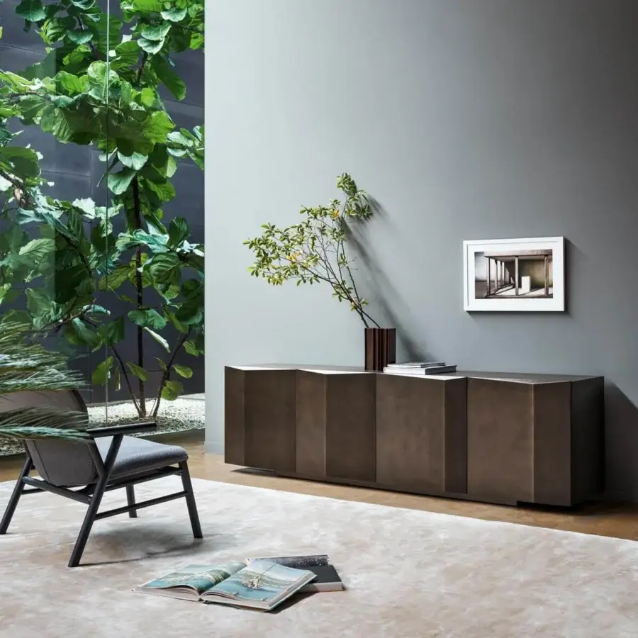 Elegant Bonaldo Bernois sideboard with bronze matt lacquered wood and brushed bronze pantographed wood doors