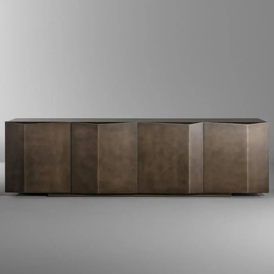 Captivating Bonaldo Bernois sideboard crafted with bronze matt lacquered wood and brushed bronze pantographed doors with a metal plinth base
