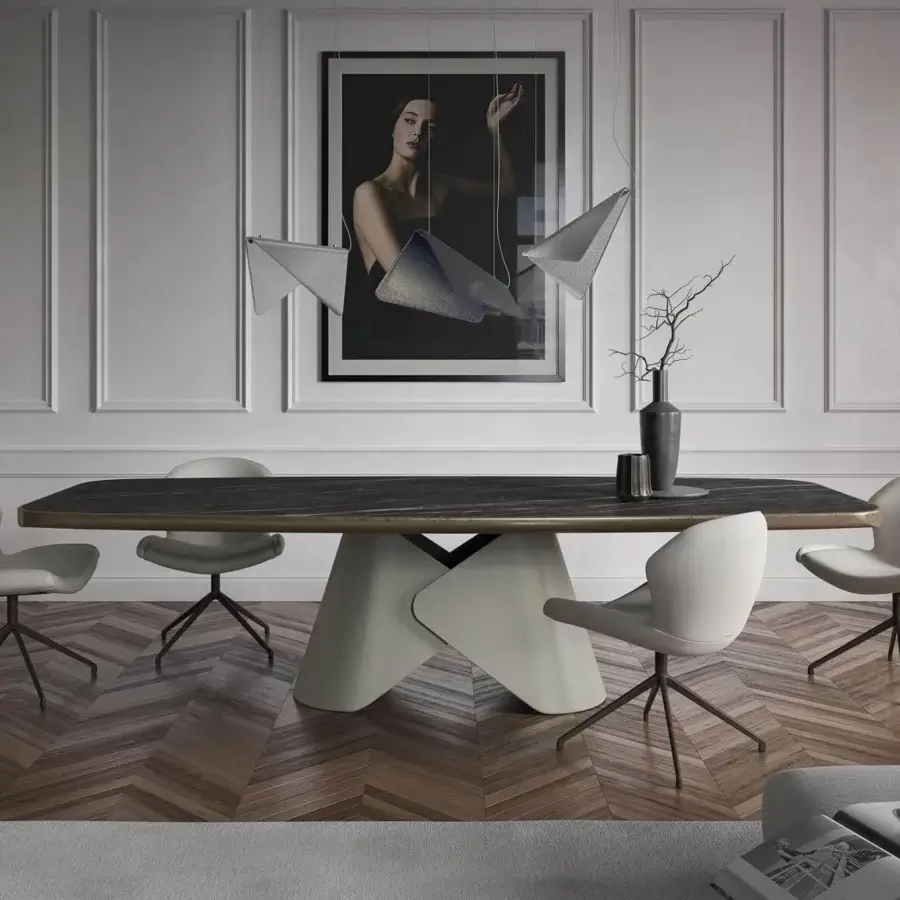 Exceptional Cattelan Italia Scott Keramik table with sculptural overlapping metal and dark marble-effect ceramic top