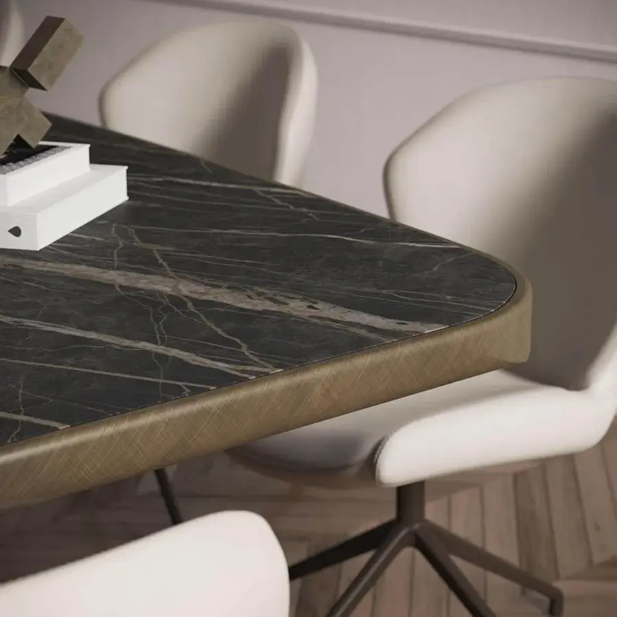 Superior Cattelan Italia Scott Keramik table with sculpted metal and dark marble-effect ceramic, boasting a refined brushed golden-brown finish