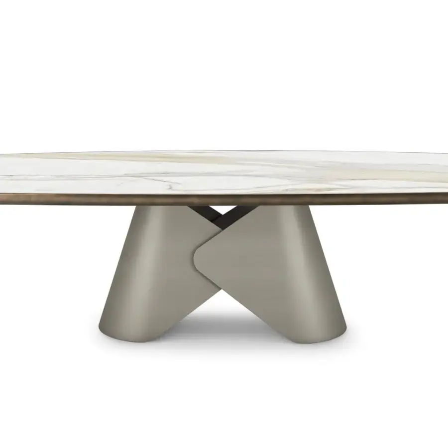 Distinguished Cattelan Italia Scott Keramik table with shaped ceramic top in white and beige veining, plus brushed bronze edge and matte taupe base